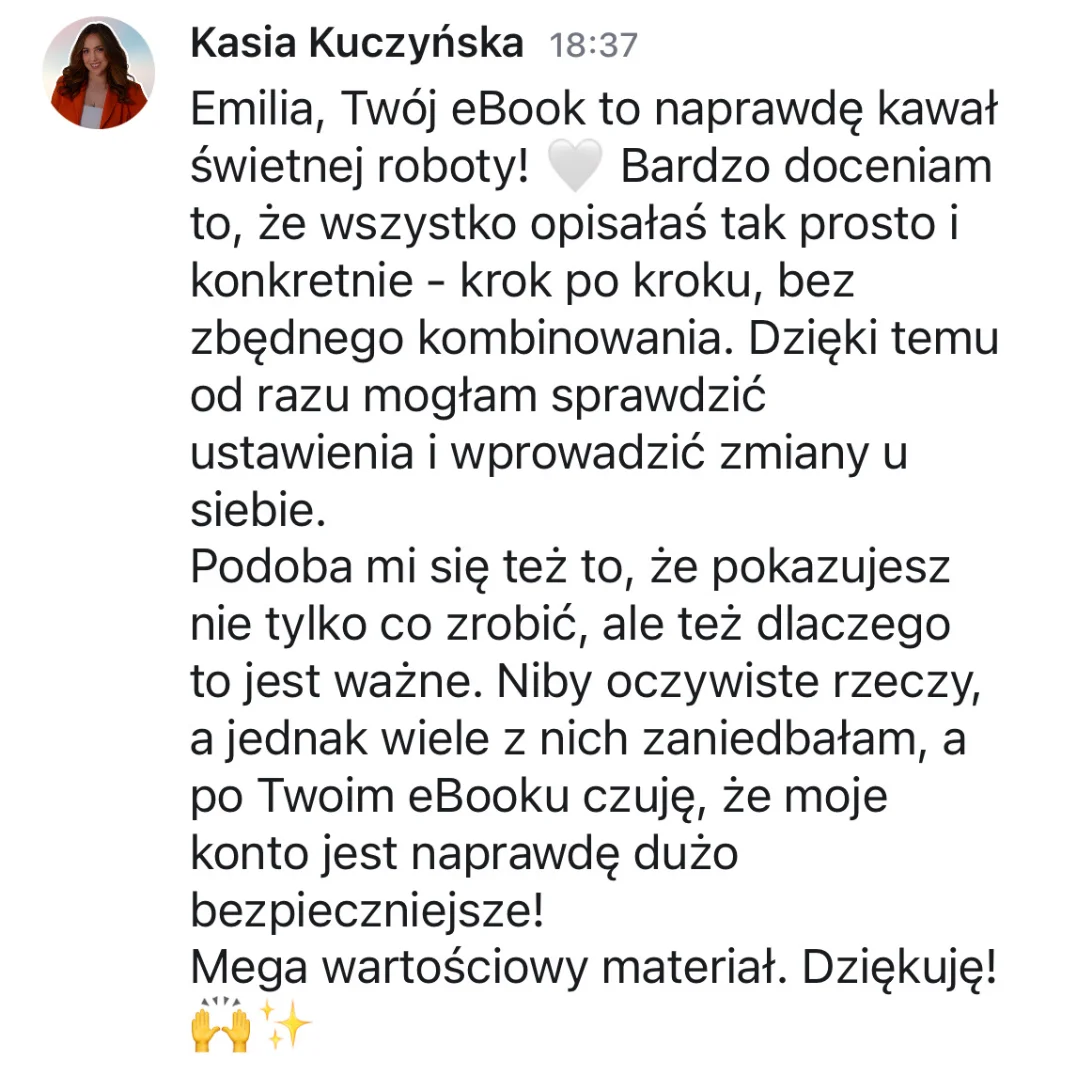 Zrzut ekranu opinii - pochwała prostych, konkretnych instrukcji krok po kroku.